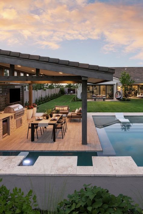 Explore the Rio Verde, a contemporary family style home design in Queen Creek, Arizona. Arizona Backyard, Outdoor Bbq Area, Pool House Designs, Outdoor Kitchen Island, Outdoor Patio Designs, Pool Cabana, Backyard Pavilion, Backyard Kitchen, Backyard Remodel