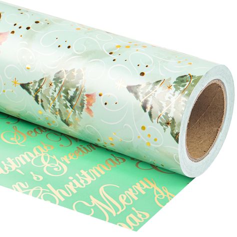 PRICES MAY VARY. PERFECT SIZE: Each roll measures 17 inches wide by 33 feet long. REVERSIBLE: Christmas tree printed on one side, "Meery Christmas", "Season's Greeting" lettering printed on the reverse. Two different designs make unique and varied gift presentations easy. PREMIUM QUALITY: Created with high-quality paper materials, thick and not easily tear or rip. Item came with shrink film to prevent wrapping paper from scratches and reduce dust. USE ALL WINTER: Perfect for Christmas, Holiday, Meery Christmas, Xmas Wrapping Paper, Unique Wrapping Paper, Watercolor Green, Paper Christmas Tree, Wrapping Paper Christmas, Green Christmas Tree, Christmas Gift Bags, Christmas Minis