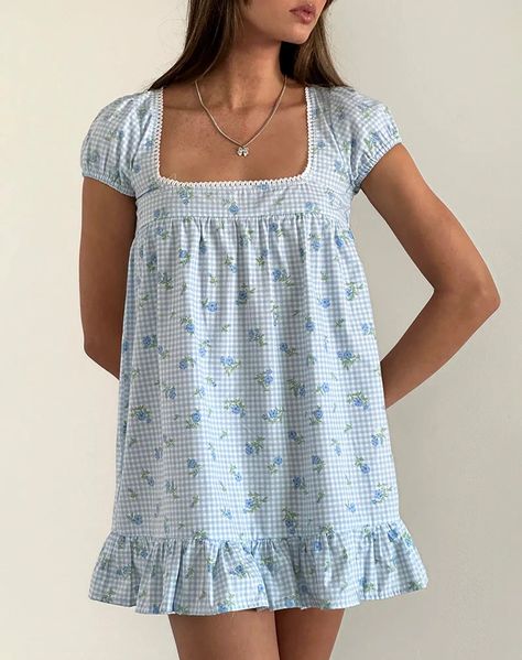 Blue Flower Gingham Mini Dress | Trim – motelrocks-com-us Blue Babydoll Dress, 23 Style, Summer Bodycon Dress, Feminine Fashion, Girl Closet, Black Satin Dress, Babydoll Style, Bandeau Dress, Motel Rocks