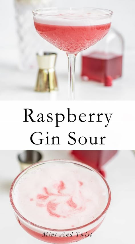 This pretty raspberry gin sour cocktail is flavored with homemade raspberry syrup and lemon. This fun twist brings a delicious sweetness and tang to the drink. It’s a pink drink that’s perfect for valentine’s day A gin sour is a great classic cocktail, perfectly balanced with sweet and tart. The ‘sour’ element comes from lemon juice. It usually has a foamy head, which is made of egg white (or aquafaba for a vegan alternative). This layer on top can be decorated. Raspberry Gin Cocktail, Homemade Raspberry Syrup, Gin Sour Recipe, Raspberry Mimosa, Classic Mimosa, Vodka Sour, Raspberry Puree, Classic Gin Cocktails, Raspberry Gin