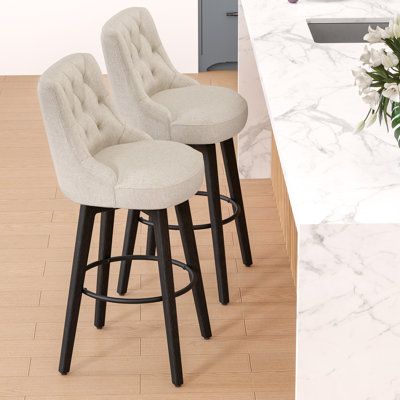 Designed with deep button-tufted and barrel-curved back, this modern farmhouse counter stool is simple and elegant with classic styling for the perfect addition to a dining or kithcen area and offers exceptional comfort | Wildon Home® Watson & Whitely Bar Stools, 360° Swivel Upholstered Bar Stool w/ Back, 30" H Bar Height Barstools | C111843571_843472060 | Wayfair Canada Bar Stool With Back, Stool With Back, Bar Stools With Backs, Kitchen Bar Stools, Bar Height, Tufting Buttons, Counter Stool, Kitchen Bar, Counter Stools