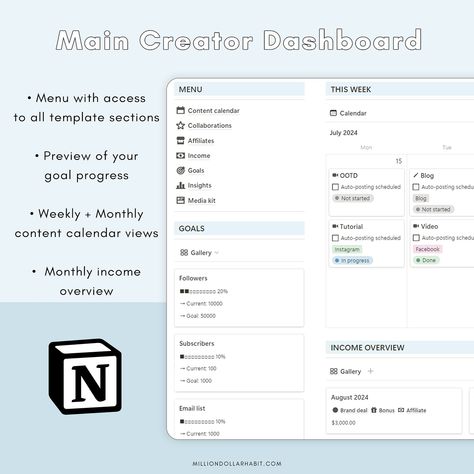 NEW for Notion ✨🎧💡 A template made for aspiring (and established) content creators 💌 What’s inside: - Creator dashboard with an easy access menu, goals preview, content calendar, and monthly income overview - Content calendar (Monthly + Weekly view) with templates for video, blog, and image posts for all platforms (Instagram, TikTok, YouTube, etc.) - Collaboration tracker - Affiliates tracker - Platform insights - Income tracker - Goal tracker - Media kit template that you can share with br... Blog Media Kit, Income Tracker, Monthly Income, Media Kit Template, Calendar Monthly, Content Calendar, Life Quality, Video Blog, Goal Tracker