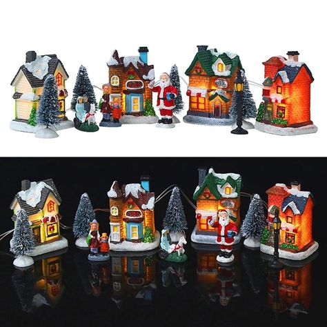 MANNYA 10pcs/set Christmas Santa Snowy House Tiny Scene Set Luminous LED Light Up Xmas Tree Shop Village Decorations Figurines - Walmart.com Tiny Christmas Village, Christmas Village Collections, Christmas Night Light, Christmas Village Sets, Snow House, Christmas Village Houses, Led Christmas Lights, Christmas Style, Decorating With Christmas Lights