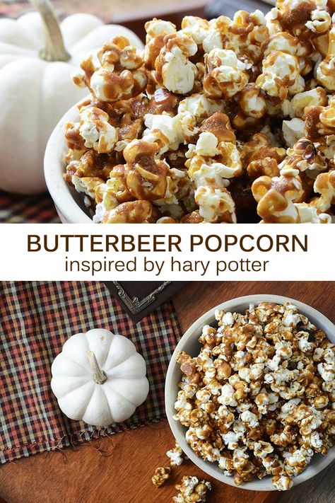 Butterbeer Popcorn (Inspired by Harry Potter) - An Edible Mosaic™ Butterbeer Popcorn, Movie Foods, Harry Potter Feast, Harry Potter Dinner, Lotr Party, Harry Potter Treats, Harry Potter Snacks, Harry Potter Parties Food, Harry Potter Movie Night