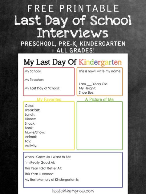 Free printable last day of school interview, for kindergarten, pre-k, preschool and 1st grade up to 12th grade! Last Day Of School Interview Printable, My Last Day Of Preschool Printable, Last Day Kindergarten, Last Day Of School Interview, Last Day Of School Fun, School Memory Binder, Mariah Elizabeth, Kindergarden Graduation, Last Day Of Kindergarten