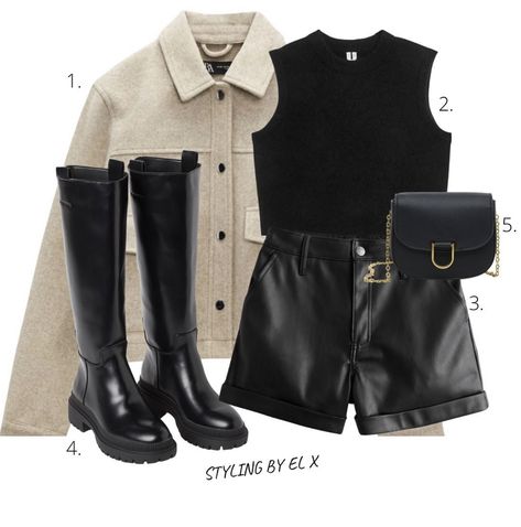 Short Boots Outfit, Leather Vest Outfit, Hm Outfits, Leather Shorts Outfit, Leather Shacket, Shacket Outfit, Capsule Wardrobe Women, Black Leather Shorts, Knitted Vest