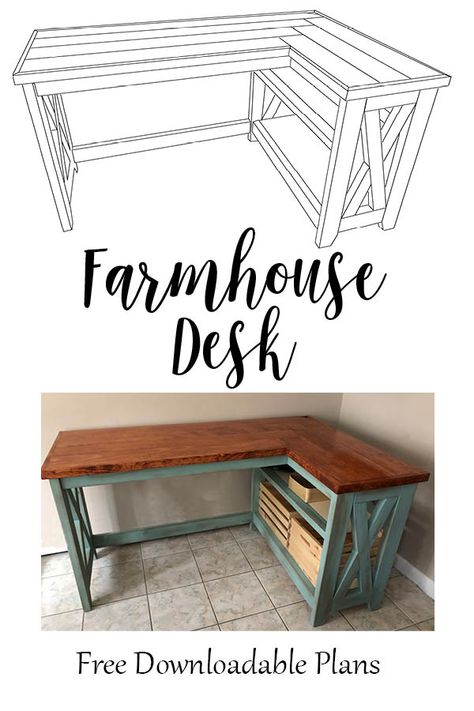 Build this fabulous Farmhouse X Desk with the help of these free downloadable plans from HeatherStudios.com. This home office farmhouse L-shaped desk is great for the DIY er using simple construction with 2x4's.  #DIYFurniture #FarmhouseStyle #L-ShapedDesk #FreePlans #FreeDeskPlans L Shape Desk Diy, L Shaped Desk Plans, Home Office Farmhouse, Refurbished Desk, Diy Office Desk, Diy Desk Plans, Office Farmhouse, Farmhouse Desk, Desk Diy