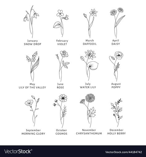 Floral Month Tattoo, Simple Birth Flowers Tattoo, Monthly Flower Chart, Floral Birth Month Tattoo, Birth Month Flower Simple, Flower September Tattoo, Simple Birth Flowers, Simple Birth Month Flower Tattoo, October Flower Tattoo Ideas