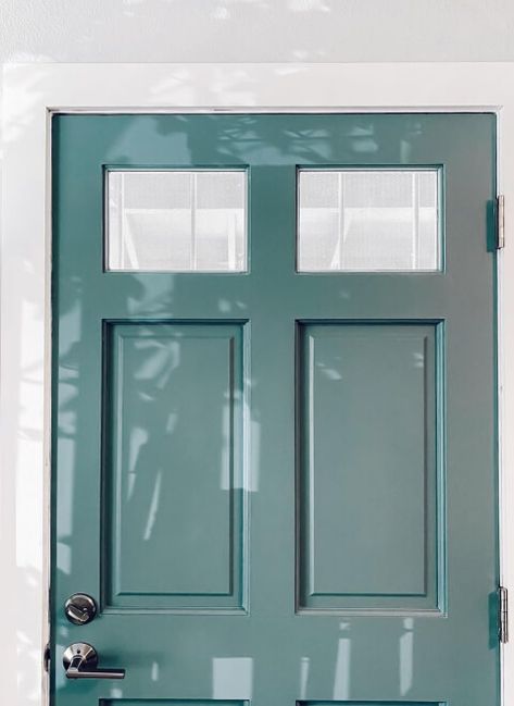 Benjamin Moore Aegean Teal Review and Dupes (Updated for 2022!) – Mod & Mood Blue Door Gray House, Sherwin Williams Foggy Day, Benjamin Moore Aegean Teal, Aegean Teal, Teal Front Doors, Teal House, Teal Door, Wythe Blue, Coastal Paint Colors