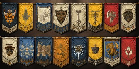 Discover the symbolic meaning and history behind each medieval times flag. Dive into a past era of knights, nobility, and heraldry. Kingdom Banner, Medieval Flag, Fantasy Banner, Medieval Flags, Medieval Banners, Knight Orders, Medieval Banner, Dnd Party, Heraldry Design