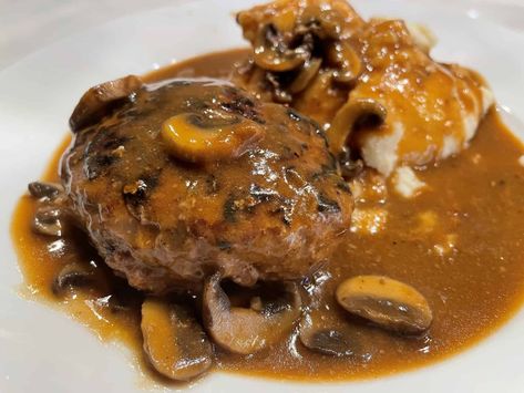 Salisbury Steak with Mushroom Gravy Salsberry Steak With Mushroom Gravy, Salisbury Steak With Mushroom Gravy, Steak With Mushroom Gravy, Broccoli Cauliflower Casserole, Easy Salisbury Steak, Salisbury Steak Recipe, Mushroom Gravy Recipe, Salisbury Steak Recipes, Beef Gravy