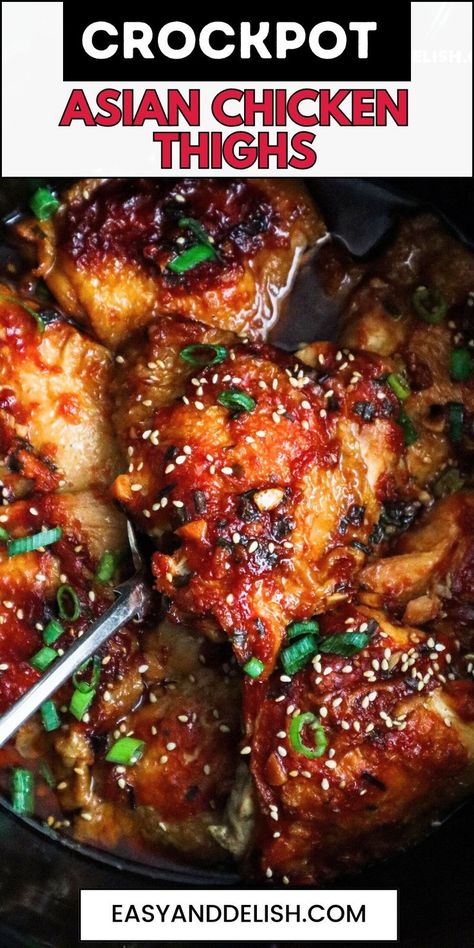 Crockpot Asian Chicken Thighs Recipe with a rich and delicious honey garlic soy sauce for Sunday suppers or weeknight dinners. #easydinners #crockpotrecipes #chickenrecipes #asianfood Crockpot Chicken Recipes Asian Simple, Thigh And Leg Recipes, Slow Cooker Chinese Chicken, Asian Chicken In Crockpot, Boneless Skinless Chicken Thigh Recipes Crockpot Mexican, Recipes For Bone In Skin On Chicken Thighs, Baked Asian Chicken Thighs, Crock Pot Recipes Asian, Asian Chicken Thighs Recipes