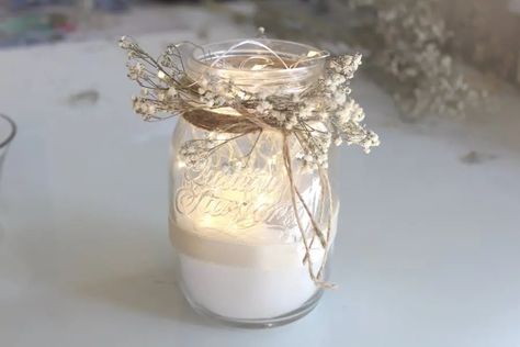 Jar Decoration Ideas, Floating Candles Mason Jars, Mason Jar Fairy Lights, Mason Jar String Lights, Glow Jars, Wedding Jars, Wedding Centerpieces Mason Jars, Gold Mason Jars, Lighted Centerpieces