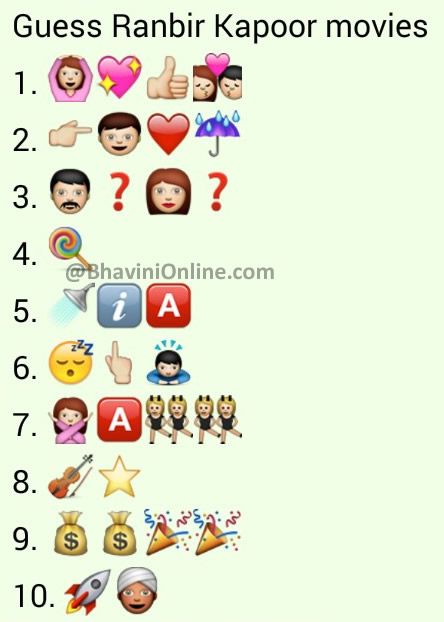 Whatsapp Puzzles: Guess The Ranbir Kapoor Movie Names From Emoticons and Smileys – BhaviniOnline.com Biscuit Names, Guess The Emoji Answers, Katrina Kaif Movies, Emoji Answers, Guess The Emoji, Emoji Puzzle, Playbuzz Quizzes, Funny Puzzles, Emoji Quiz