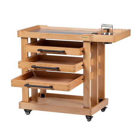 Outstanding Quality: Made of wear-resistant beech wood with varnish coating, the rolling storage cart is durable for long years to use. A solid wood frame provides the cart with stronger stability and excellent load-bearing capacity, meeting your daily needs. More Storage Possibilities: 2 tier wood shelf and 3 layer drawers of the cart, large and enough storage space to collect art supplies while saving floor space, keep all of them organized and neatly. And there is an extra hanging detachable Rolling Cart With Drawers, Rolling Shelves, Wood Cart, Art Studio Storage, Collect Art, Floor Easel, Drawer Cart, Art Supplies Storage, Rolling Storage Cart