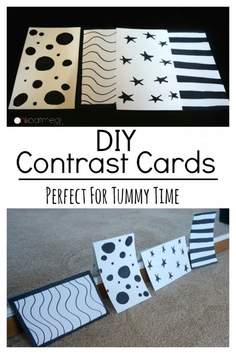 DIY contrast cards that can be made in minutes. Perfect for tummy time! Newborn Activities, Pinterest Baby, Angel Bebe, Baby Tummy Time, Tummy Time Activities, Baby Toys Diy, Baby Boy Cards, Baby Boy Toys, Diy Bebe