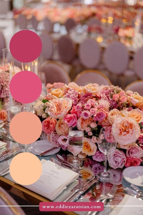 Explore the romance and drama of a sunset-inspired wedding color scheme, featuring deep pinks, oranges, hints of purple, and delicate shades of blush, coral, and peach. Click through for floral arrangement ideas and Eddie Zaratsian's expert event design tips. Peach And Pink Decor, Purple Sunset Wedding Colors, Wedding Shades Of Pink, Peach Decorations Wedding, Pink Wedding Palette Colour Schemes, Blush Peach Color Palette, Peach Shades Color Schemes, Blush Pink And Orange Wedding, Sunset Colors Wedding Aesthetic