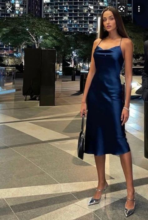 Semi Formal Dresses Dark Blue, Long Grade 8 Grad Dresses, Deep Blue Silk Dress, Navy Blue Satin Dress Short, Satin Navy Dress, Navy Blue Slip Dress Outfit, Dark Blue Fashion Aesthetic, Blue Silk Dress Outfit, Blue Slip Dress Outfit