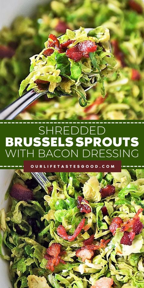 Delight your guests with Shredded Brussels Sprouts with Bacon Dressing! A fantastic Thanksgiving side dish idea or an easy Christmas side dish, this simple salad is an easy recipe to impress. With thick cut Applewood smoked bacon, apple cider vinegar, and lemon juice, it is easy to make. Enjoy! Brussel Sprout And Broccoli Salad, Brussel Sprout Salad Recipes With Bacon, Shredded Brussel Sprout Recipes With Bacon, Shredded Brussel Sprouts Recipes, Shaved Brussels Sprouts With Bacon, Shaved Brussel Sprout Salad Recipes, Shredded Brussel Sprouts With Bacon, Christmas Brussels Sprouts, Leftover Brussel Sprouts Recipe