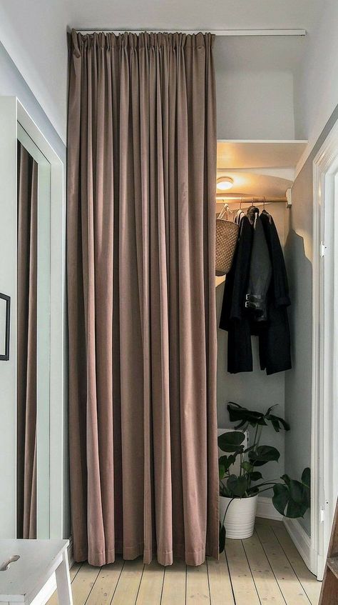 Wardrobe Curtain Doors, Door Curtain Ideas Entrance, Curtain Wardrobe Doors, Hallway Curtains, Curtain Wardrobe, Front Closet, Beauty Room Vanity, Entry Closet, Creative Closets