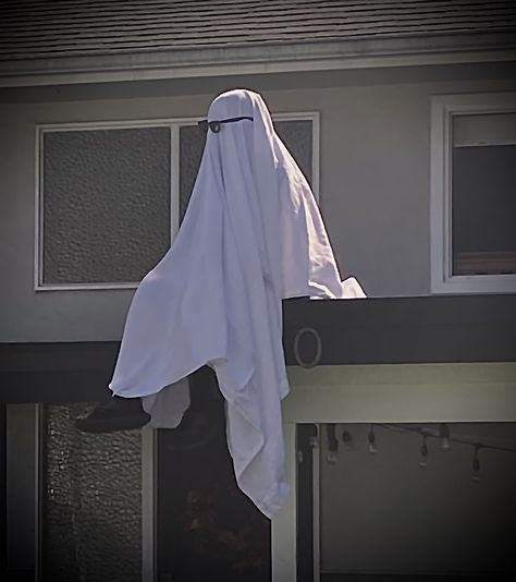 Ghost Sitting Down, Ghost Sitting, Ghost Photoshoot, Ghost Art, Ghost Photography, Ghost White, Porch Steps, Fall Photo, Fall Photoshoot