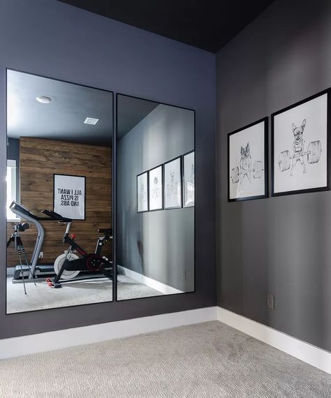 35 Stylish Home Gym Ideas Home Gym Extra Bedroom, Workout Room Mirrors, Home Workout Room Design, Peloton Bedroom, Workout Room Ideas Home Bedroom, Workout Rooms At Home, Home Fitness Room Small, Home Gym Lighting Ideas, Workout Area In Basement