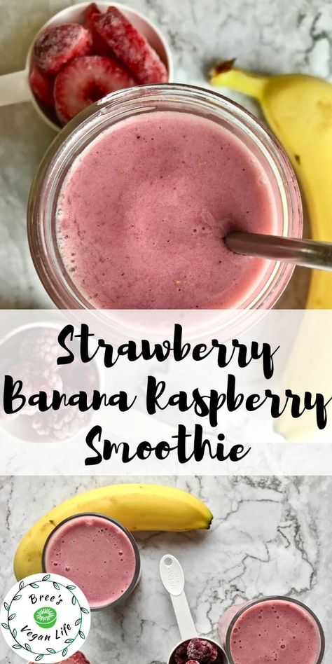 This strawberry banana raspberry smoothie is healthy and easy to make. It is vegan, dairy-free, and made with almond milk. #breesveganlife #vegansmoothies Banana Raspberry Smoothie, Strawberry Smoothie Recipes, Boost Juice, Strawberry Blueberry Smoothie, Banana Apple Smoothie, Blueberry Smoothie Recipe, Banana Diet, Banana Smoothie Bowl, Smoothie Recipes Strawberry