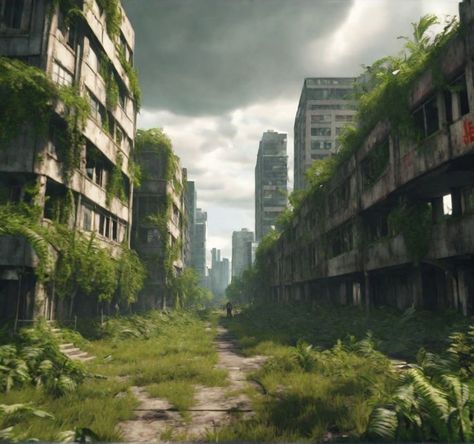 City Ruins Aesthetic, Overgrown Apocalypse Aesthetic, Post Apocalyptic Art Ruins Cities, Ruined City Aesthetic, Fantasy Abandoned City, Overgrown City Concept Art, Overgrown City Art, Abandoned City Concept Art, Over Grown City