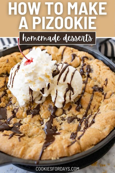 Pizookies are a pizza-sized, gourmet cookie baked to slightly underdone perfection and served a la mode. Gooey. Chocolatey. Decadent. Melty. Warm. This skillet cookie checks all the my ‘dream dessert’ boxes.  A warm, gooey, chocolatey cookie is a winner. But make it oversized and top it with melty ice cream and a pizookie champion is born. | how to make pizookie | homemade pizookie easy | homemade pizookie recipes | pizookie recipe easy | pizookie dessert |  best pizookie recipe Pizookie Recipe Easy, Homemade Pizookie, Pizookie Recipe, Cookie Pies, Dream Dessert, Gourmet Cookie, Monster Cookies Recipe, Classic Cookies Recipes, Homemade Recipes Dessert