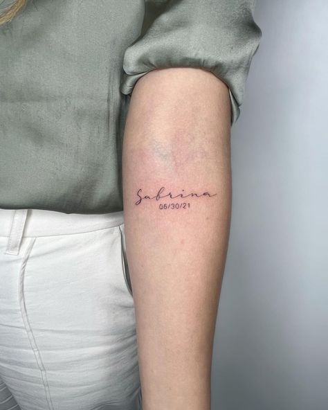 name & date tattoo ✨ Thank you @alannaserna_ 🤍 #tattoo #tattoos #art #artist #womentattoos #fyp #foryou #foryoupage #feminine… | Instagram Name Fine Line Tattoo, Name And Birth Date Tattoo, Date Tattoos For Women, Name And Date Tattoo, Script Name Tattoo, Name Tattoo Placement, Last Name Tattoo For Women, Last Name Tattoo, Name Tattoo Placements