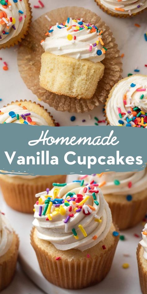 This homemade vanilla cupcake recipe isn't short of pure vanilla flavor! The cupcakes are moist, and the buttercream is smooth and creamy. This is the perfect dessert for any occasion! Mini Cupcake Recipes, God Stories, Muffin Ideas, Homemade Vanilla Cupcakes, Live Well Bake Often, Deserts Recipes, Easy Vanilla Cupcakes, Christmas Trifle, Vanilla Cupcake Recipe