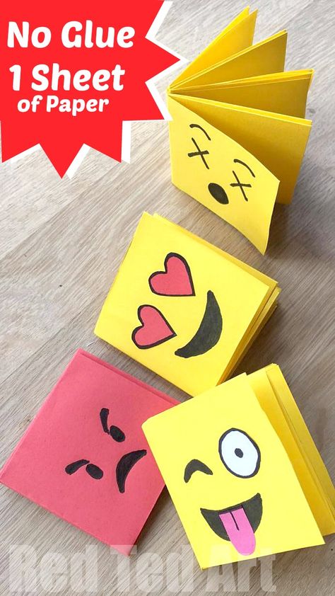 You can make this Emoji Notebook DIY out of ONE sheet of paper (hooray) and NO GLUE. Making this a fabulous paper craft for kids. Love mini notebooks! Carnival Stalls, Aktiviti Prasekolah, Emoji Craft, Easy Origami For Kids, Notebook Diy, Folded Paper, Diy Bricolage, Mini Notebooks, Diy Notebook