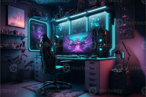 Spectacular gaming room interior, gaming pc, gaming desk, game setup room, tv, desk for five People, futuristic, LED lights, cyberpunk color. Generative AI Gaming Setup Cyberpunk, Cyberpunk Desk Setup, Cyberpunk Gaming Room, Gaming Room Interior, Cyberpunk Desk, Cyberpunk Color, Tv Desk, Desk Game, Pc Gaming Desk