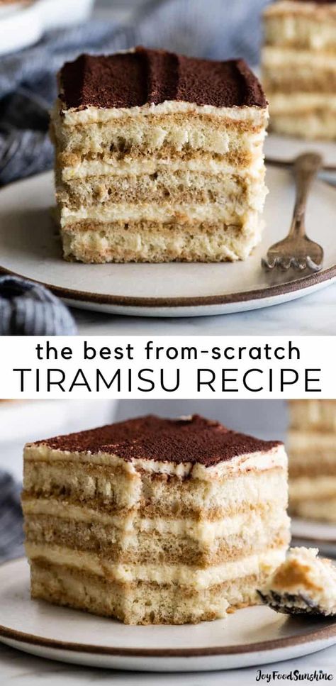 This authentic Tiramisu Recipe made completely from scratch. A creamy mascarpone filling sits between three layers of homemade lady fingers soaked in rum & coffee with a dusting of cocoa powder on top. It is seriously the absolute best tiramisu cake ever. Lady Fingers Recipe Tiramisu, What To Do With Lady Fingers, Terimisu Cake, Homemade Tiramisu Recipe, Authentic Tiramisu Recipe, Lady Fingers Dessert, Authentic Tiramisu, Best Tiramisu Recipe, Tiramisu Recipes