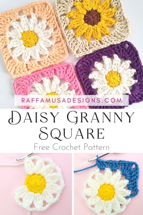 a collage of pictures showing daisy granny squares crocheted in different yarn colors Crochet Flower Granny Square Pattern, Daisy Granny Square, Granny Square Pattern Free, Motifs Granny Square, Crochet Flower Squares, Granny Square Haken, Granny Square Crochet Patterns Free, Clothes Tutorial, Clothes Crochet