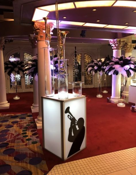 Symphony Party Theme, Jazz Brunch Decorations, Music Event Decor, Jazz Theme Party Ideas, Gatsby Event Decor, New Orleans Party Theme, Jazz Party Theme, Jazz Club Decor, Jazz Theme