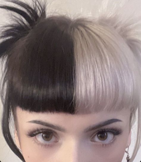 Split Dyed Hair Black And Blonde, Short Hair Split Dye, Black And White Split Dye, Split Hair Dye, Split Bangs, Split Dye Hair Ideas, Emma Langevin, Split Dye Hair, V Bangs