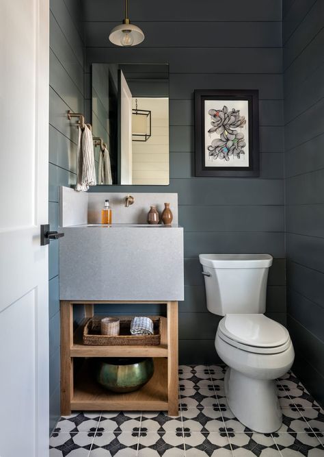 katie-davis-powder-bath Powder Room Paint Colors, Benjamin Moore Bathroom, Powder Room Paint, Small Bathroom Paint, Office Paint Colors, Small Bathroom Colors, Dark Paint Colors, Dark Bathrooms, Powder Room Small