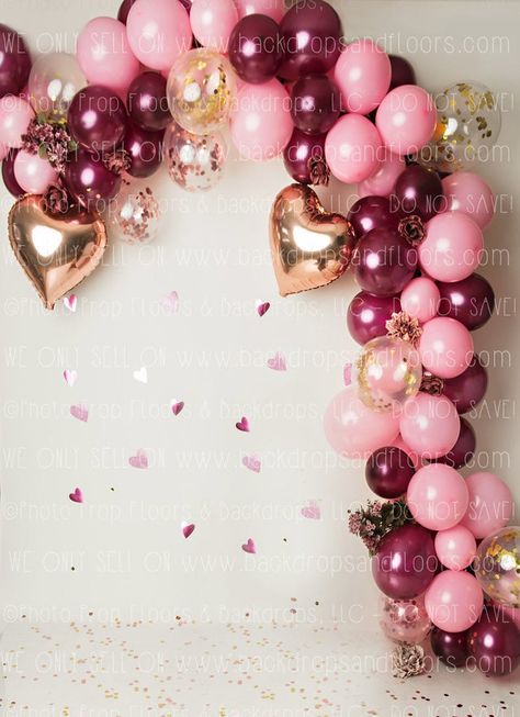 Pink Plum/Maroon Gold Heart Balloon Arch Photography | Etsy Pink And Plum Balloon Arch, Heart Balloon Arch, Arch Photography, Valentine Photo Shoot, Quince Decorations, Confetti Cake, Gold Party Decorations, Dance Ideas, 28th Birthday