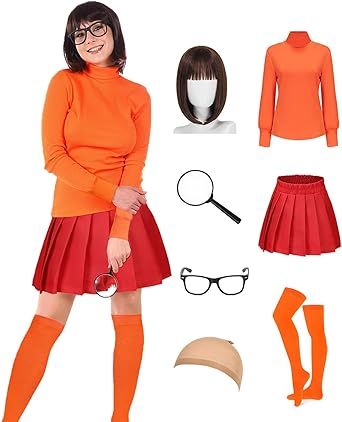 Velma Outfit, Costumes With Glasses, Halloween Costumes Glasses, Velma Costume, Adult Women Halloween Costumes, Daphne Costume, Halloween Costume Outfits, Red Skirt, Theme Halloween