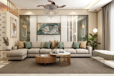 Warm Beige Living Room, Beige Colour Scheme, The Ceiling Design, Unique Accent Wall, Teal And Beige, Beige Living Room, Lacquered Glass, Fan Chandelier, Painted Living Room Furniture