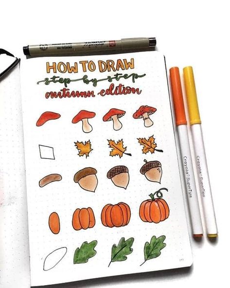 Drawing Ideas Easy For Teens, Halloween Bullet Journal, Notesbog Design, Trin For Trin Tegning, Fall Doodles, December Bullet Journal, Halloween Doodles, Bullet Journel, Bullet Journal Hacks