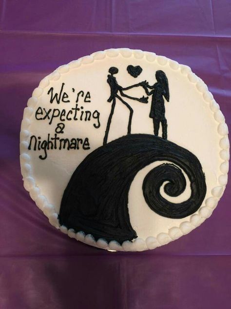 Cute gender reveal cake! Horror Theme Gender Reveal, Jack Skellington Gender Reveal, Tim Burton Gender Reveal, Gender Reveal Halloween Ideas, Emo Gender Reveal, Adams Family Gender Reveal, Gender Reveal Friends Theme, Gender Reveal Cake Halloween, Jack Or Sally Gender Reveal