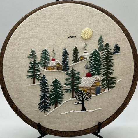 Woodland Cabin series Cabin In The Woods Winter, Cabin Embroidery, Christmas Cabin In The Woods, Woods Embroidery, Embroidery Nature, Nature Embroidery, Cabin Diy, Winter Embroidery, Wall Art Diy