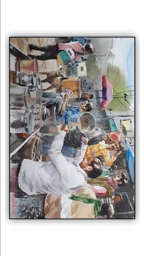 Watercolor Memory Drawing, Subject Drawing Watercolor Painting, Market Scene Composition, Figure Composition Paintings, Human Composition Painting Watercolour, Figure Composition Watercolor, Composition Painting Watercolour, Memory Drawing Watercolor Painting, Daily Life Composition Painting