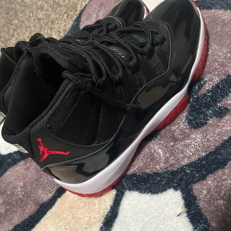 Jordan 11 Bred. Worn A Little. Small Scrape On The Side Of The Shoe. Origional Box Is Crinkled. Other Than That The Shoes Are In Great Condition. Bred 11s, Flight Shoes, Jordan 12s, Nike Shoes Women Fashion, Jordan 11 Bred, Jordan 11s, Pretty Sneakers, Jordan Retro 11, Retro Basketball Shoes