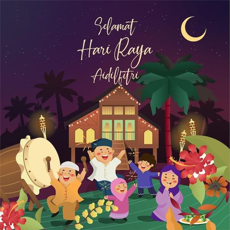 Hari Raya Background Design, Hari Raya Poster, Hari Raya Illustration, Aidilfitri Design, Poster Idul Fitri, Malaysia Illustration, Ramadan Illustration, Hari Raya Aidilfitri, Raya Aidilfitri