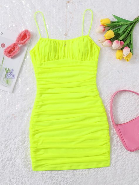 SHEIN EZwear Solid Ruched Mesh Bodycon DressI discovered amazing products on SHEIN.com, come check them out! Mode Purple, Lime Green Dress, Vibrant Dress, Neon Dresses, Neon Outfits, Comfy Jumpsuits, Mesh Bodycon Dress, Traje Casual, Slim Fit Dresses