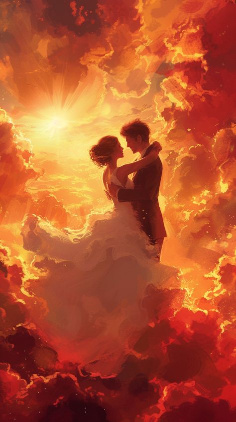 In their favorite vista, their Twin Flame Wedding commenced. Evocative of their serendipitous meeting at sunset, they vowed eternal love. Enthralled, an artist immortalized their tender exchange on canvas. It depicted their passionate dance, bodies aflame with adoration. The painting spoke volumes of their fierce loyalty, radiant love, and the promise of eternity. It was more than art; it was a testament of their destiny. Paintings With A Message, You Are An Artist, Love Inspired Paintings, Twin Flame Wedding, Couple Dancing Art, Couples Artwork, Love And Destiny, Lovers Painting, Couple Artwork