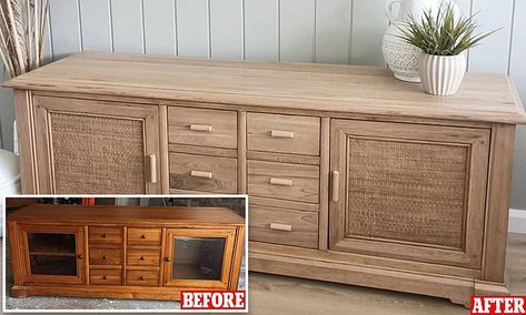 Refinish Tv Cabinet, Upcycled Furniture Tv Cabinet, Tv Cabinet Paint Ideas, Refinished Tv Cabinet, Painted Tv Cabinet Ideas, Tv Cabinet Flip, Tv Cabinet Makeover Ideas, Chalk Paint Tv Cabinet, Upcycle Tv Cabinet